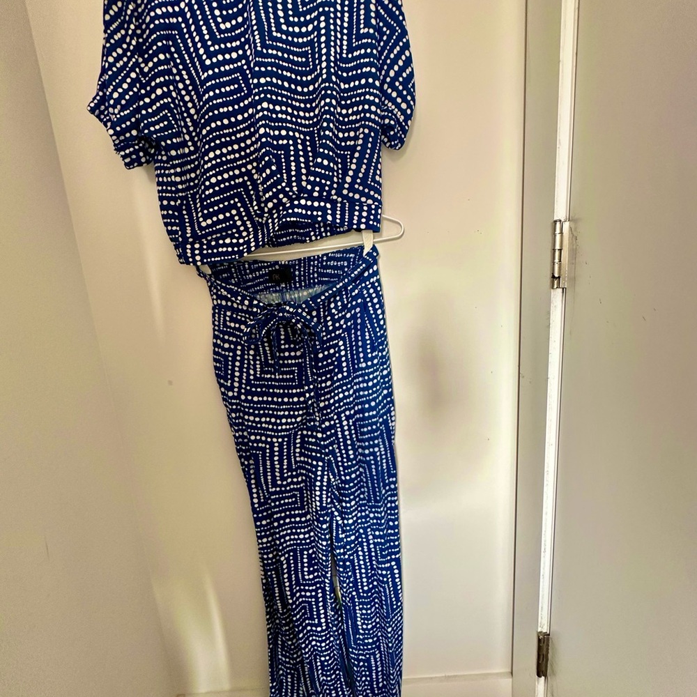 Blue and White Geometric Two-Piece Set